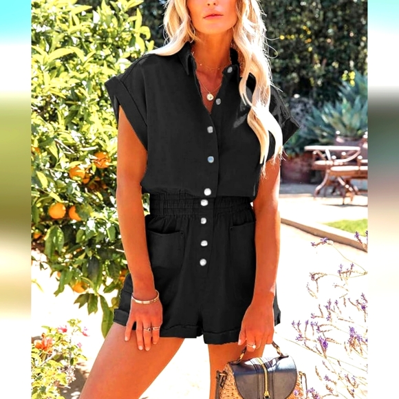 Romper elastic waist short cuffed sleeve button down w/ pockets jumpsuit M & 2xl - Picture 3 of 4